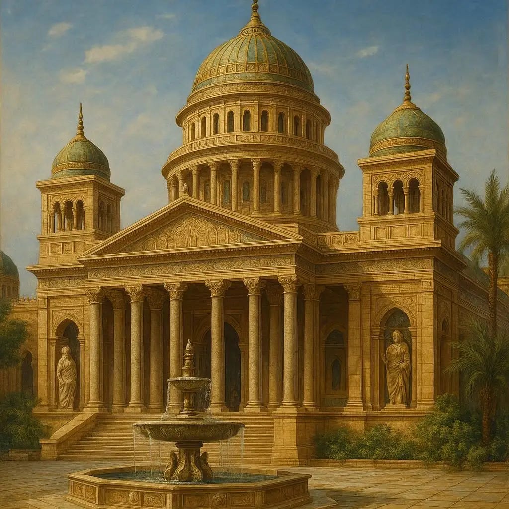 Medieval Iraq capitol building, beautiful and marvelous, stone pillars, marble statues, fountain, painting