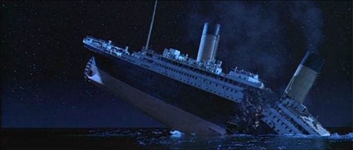 This is a dramatic scene where it shows the Titanic breaking in half. This is a dramatic scene where it shows the Titanic breaking in half.