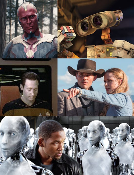 A collage featuring Vision from the MCU, Wall-E, Data from Star Trek, Westworld, and I, Robot