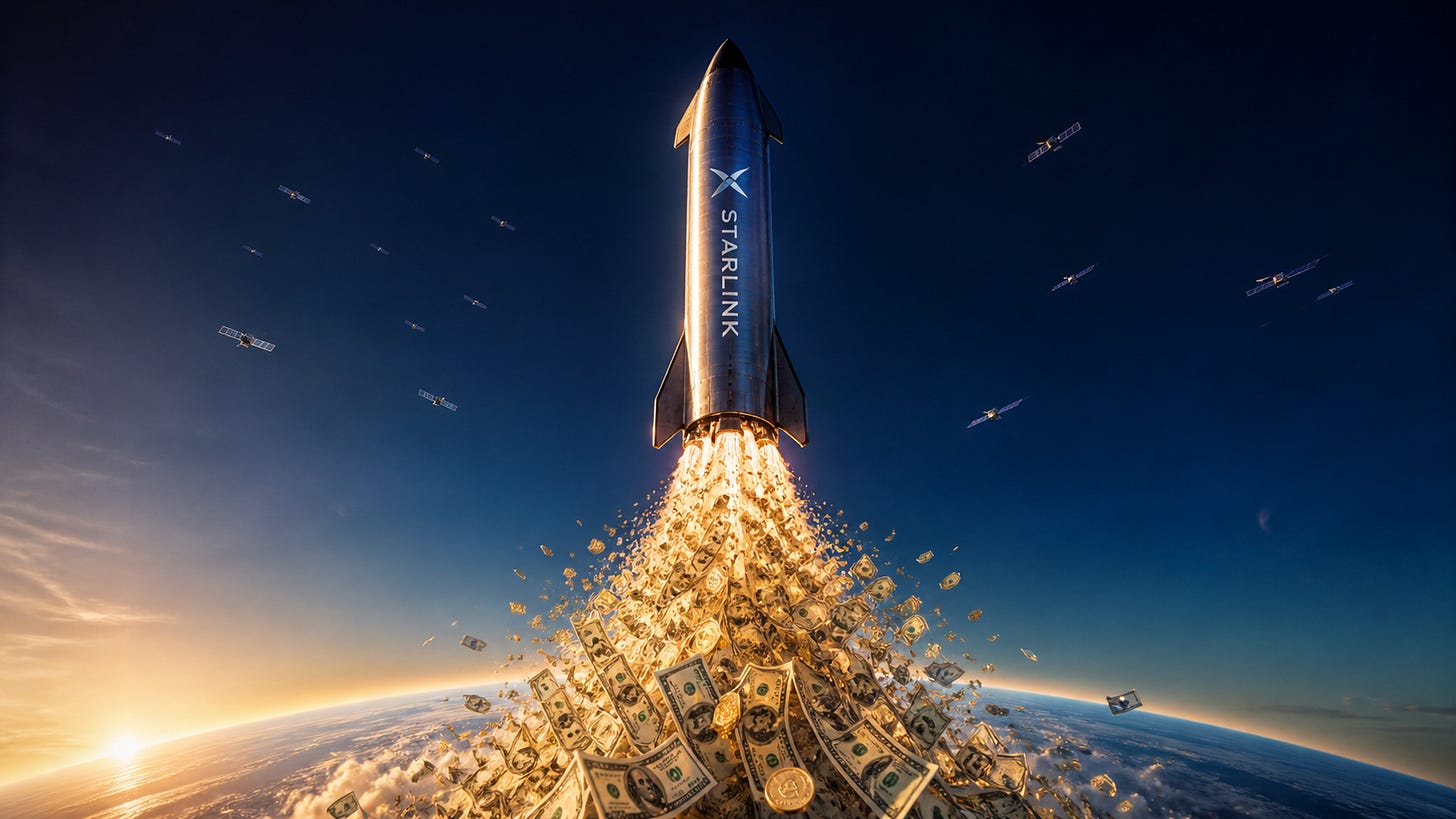 Starship rocket launching with plume of dollar bills and coins, satellites overhead.