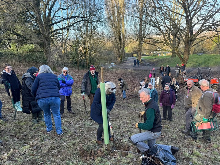 A picture of people planting trees and Bishop of Gloucester Rachel Treweek making a speech about the GARAS tree planting