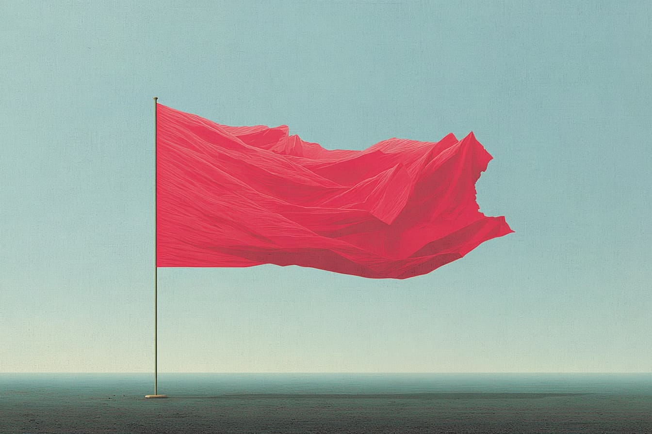 Graphic novel illustration of a tattered red warning flag on a broken pole. Graphic novel illustration of a tattered red warning flag on a broken pole.