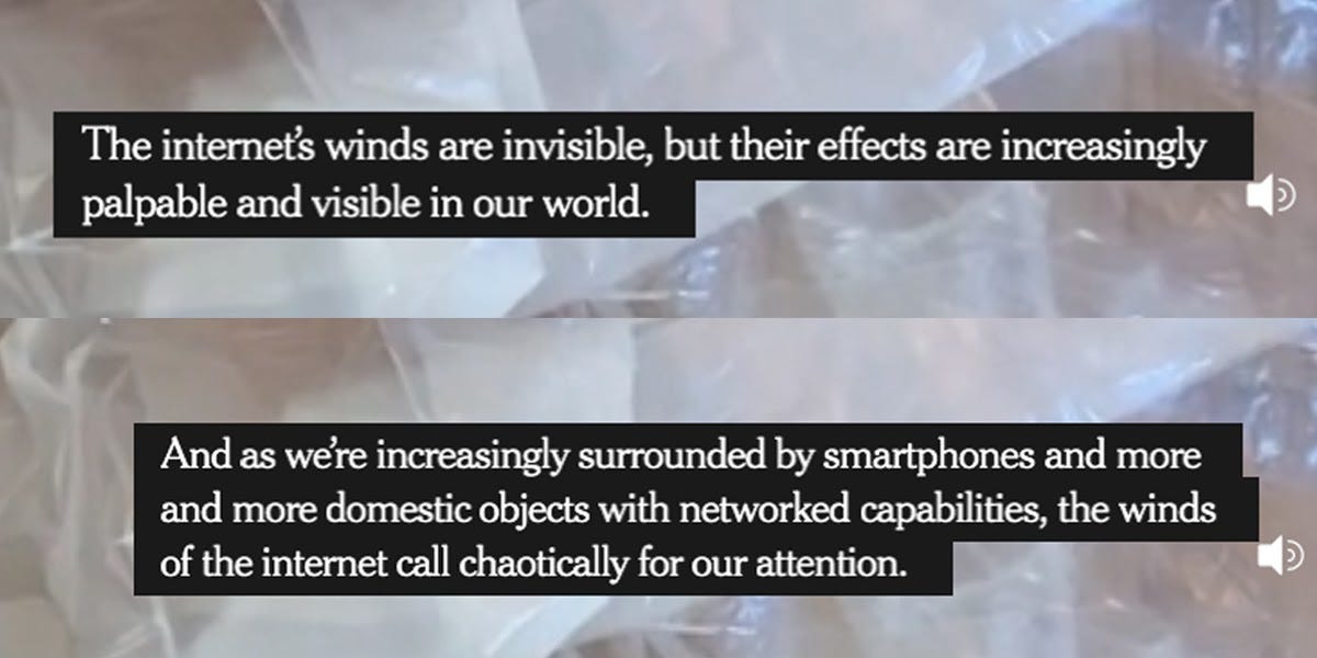 Image description: This is a screen grab of white text on a black background from the meditative video by Laurel Schwulst. 
