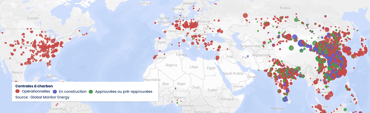 Carte des Centrales à Charbon (2024) - Source : Global Monitor Energy