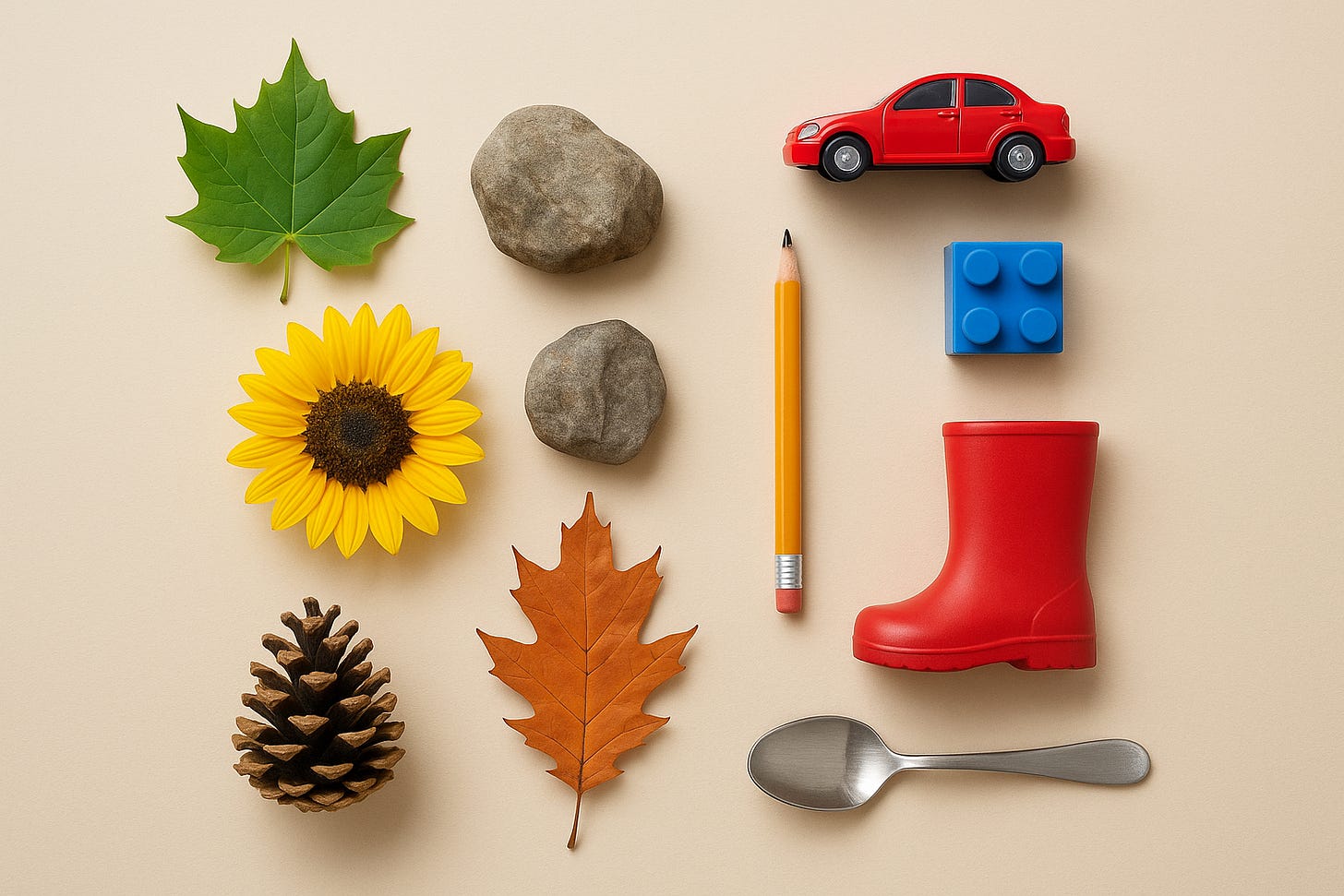 A selection of natural objects on the left half and objects made by people on the right half