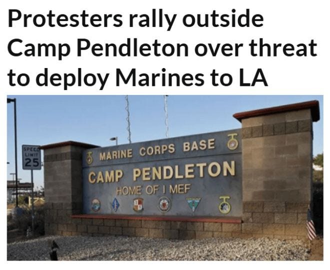 A Times of San Diego headline says Protesters rally outside Camp Pendleton over threat to deploy Marines to LA