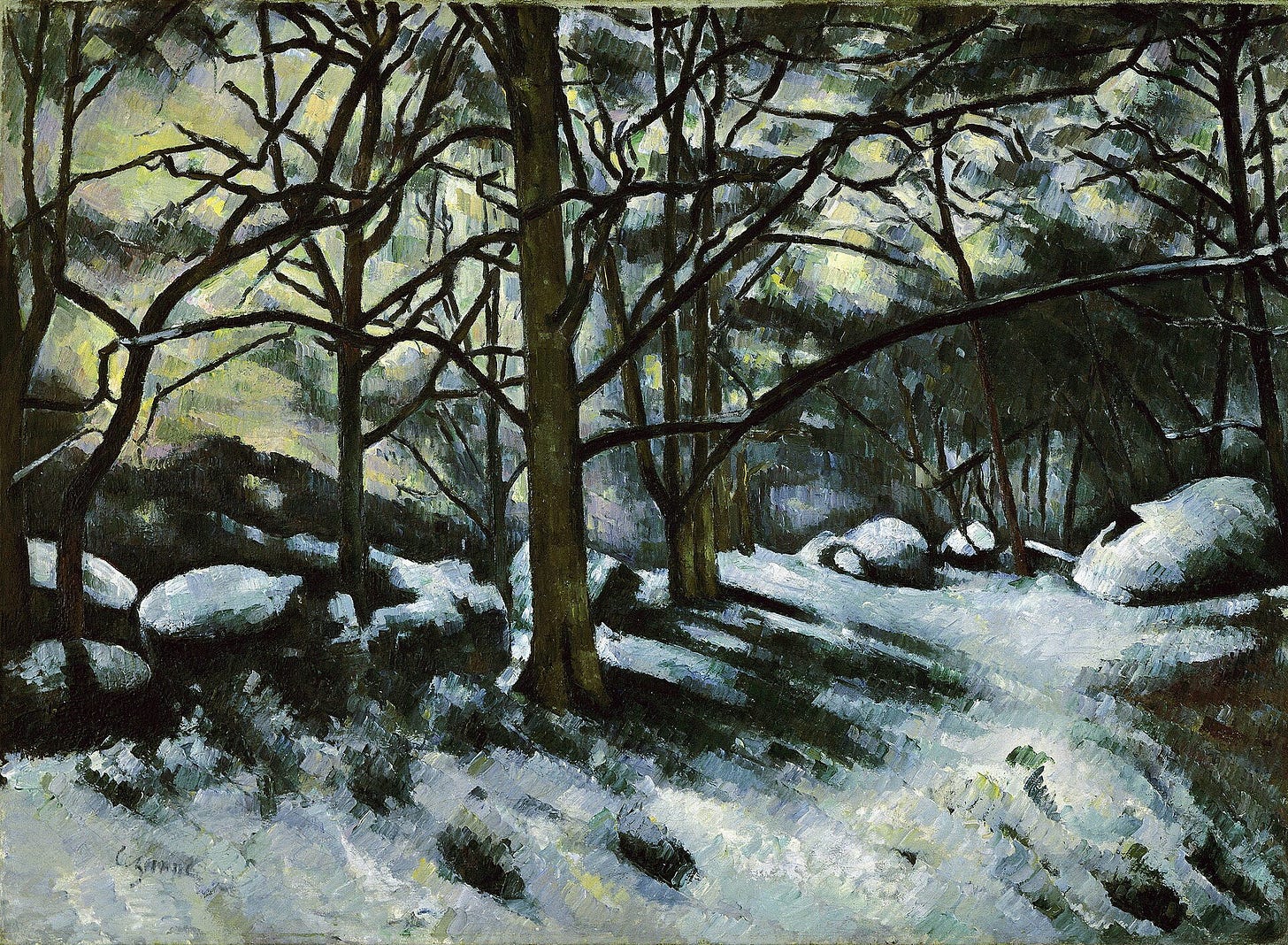 A snowy slope with dark leaning trees and a red roof below, painted in short parallel strokes.