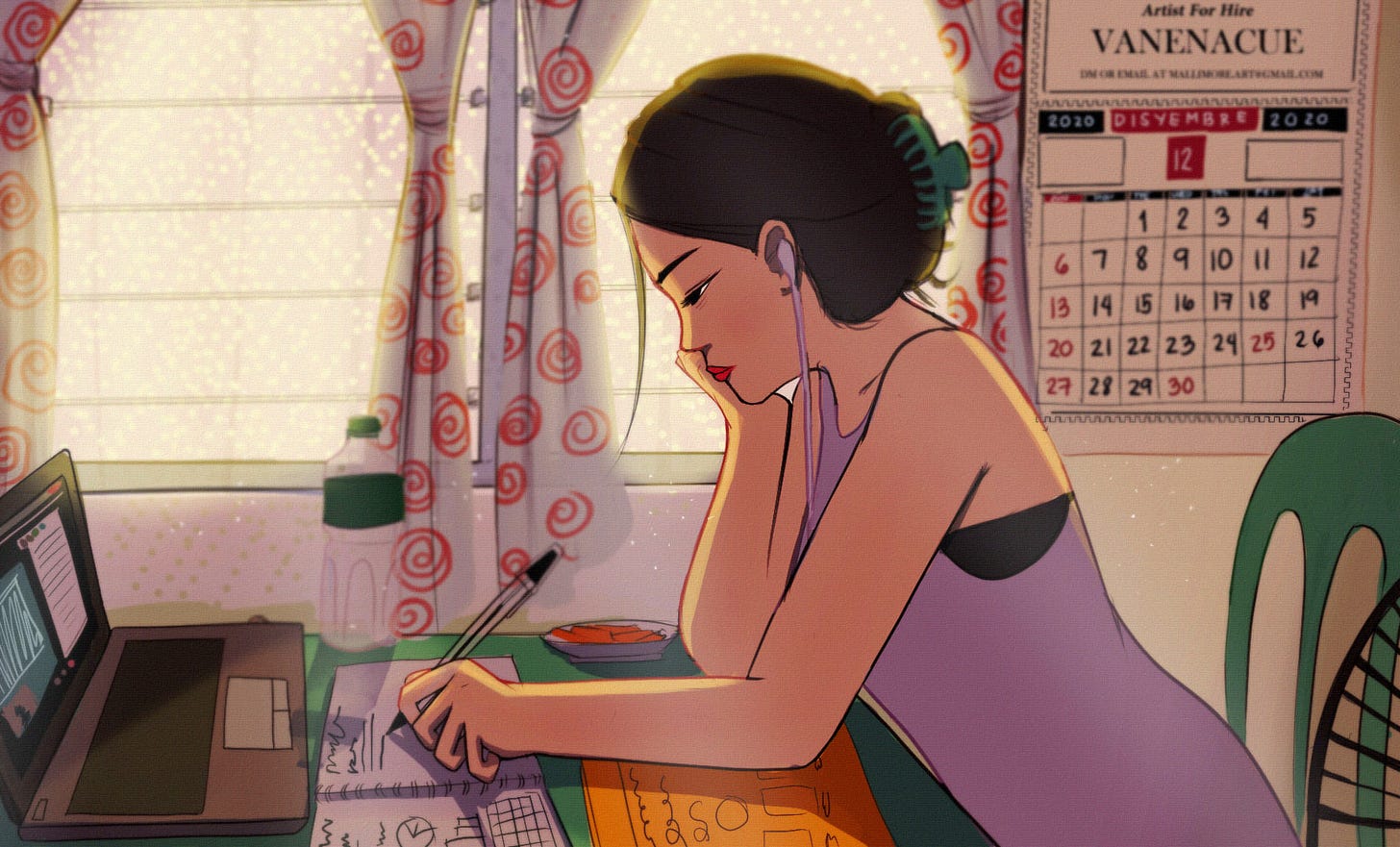 An illustration of a Filipino girl doing homework in front of her laptop in the style of Lo-fi Girl, a popular character from YouTube. The Filipino girl has her hair up with a clip, is wearing a tank top, and is using wired headphones. She is studying by a jalousie window with cotton curtains. Iconic artifacts of Philippine living litter the scene: a green plastic table and chair set, a plastic water bottle with green branding, a red, white, and blue wall calendar, and a standing fan hidden in the corner.
