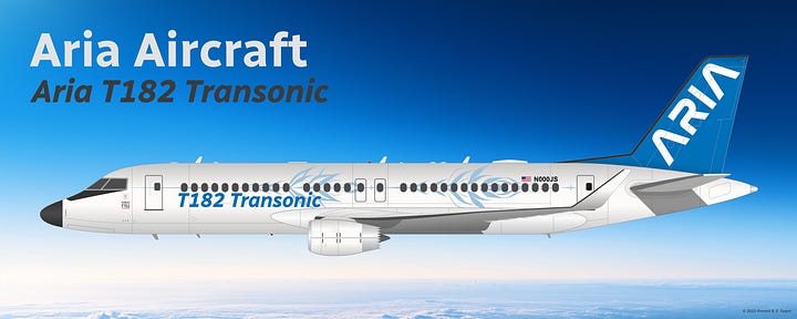 Aria T182 Transonic airliner in house livery, shown in side view while in midflight and while parked on a tarmac.