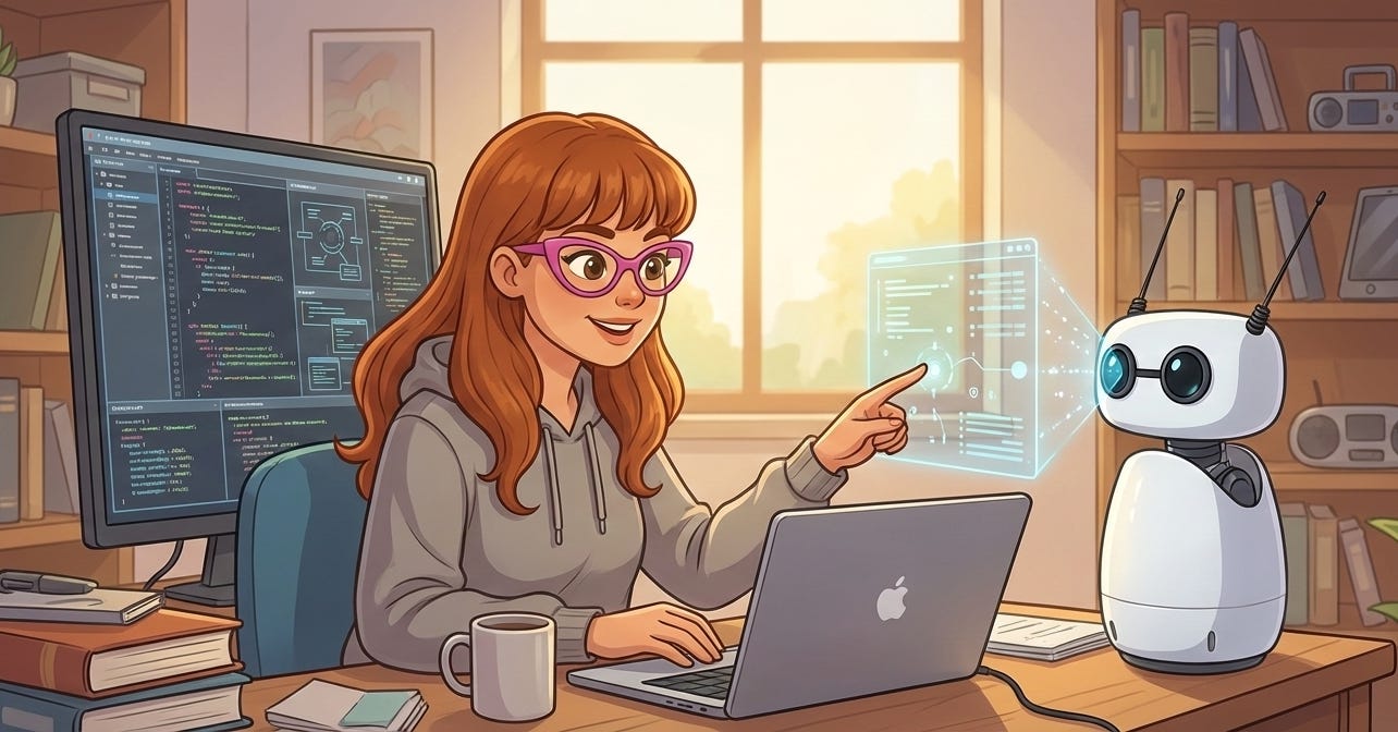 A woman at a desk uses a laptop while smiling at a small friendly robot, with holographic interface panels floating between them in a cozy home office. A woman at a desk uses a laptop while smiling at a small friendly robot, with holographic interface panels floating between them in a cozy home office.