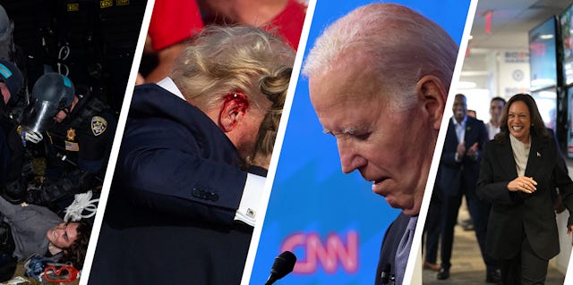 Four images, including a policeman, a man with a bloody ear, another man bowing his head, and a woman laughing. Four images, including a policeman, a man with a bloody ear, another man bowing his head, and a woman laughing.