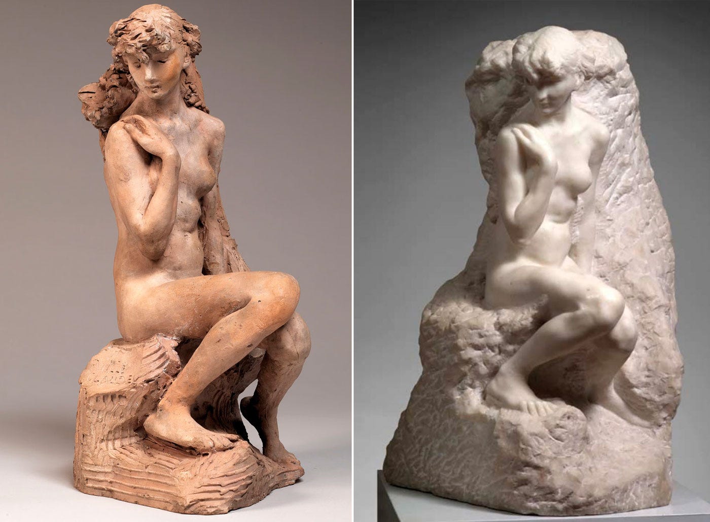 Camille Claudel, Young Girl with a Sheaf, and Rodin's Galatea, showing Camille's influence on Rodin.