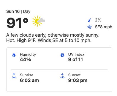 weather.com forecast for Sunday, June 16 in Columbus, OH. High of 91 degrees with a few clouds early but otherwise mostly sunny. Hot.