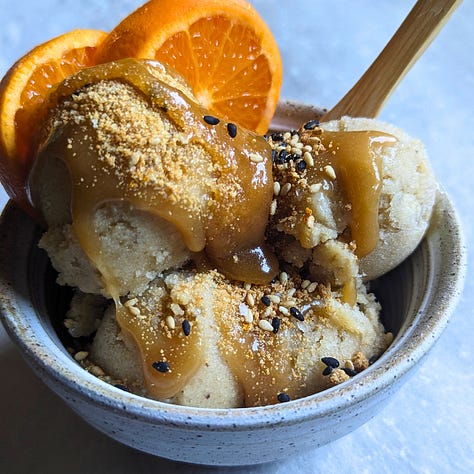 An assortment of desserts topped with dessert furikake, including a close-up of the mix itself, ice cream with caramel drizzle, strawberry mousse cake, sweet potato tart, and grilled peaches with ice cream.