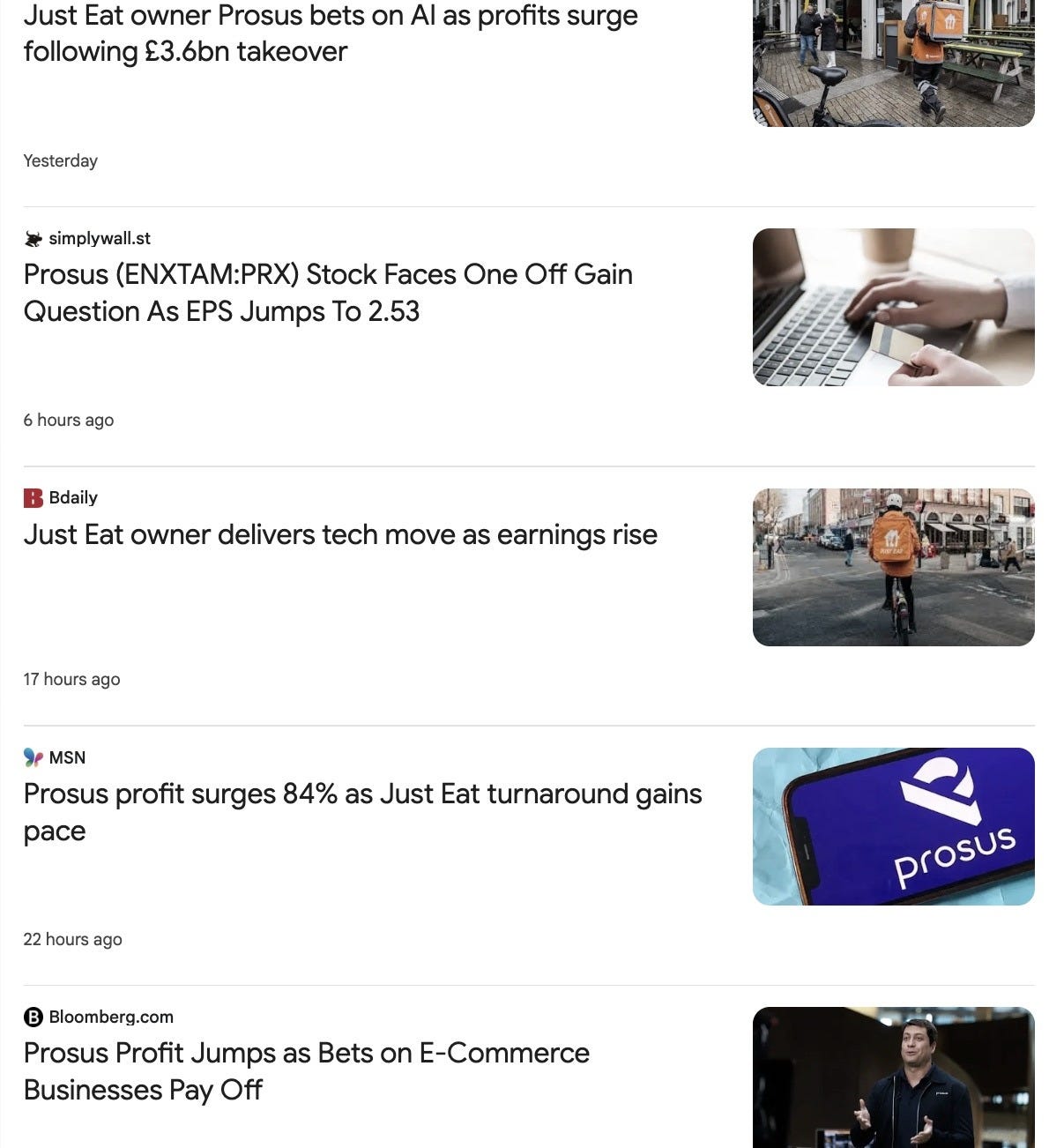 A screengrab of the Google New results for "Prosus" on Tuesday, with no headlines referring to AI