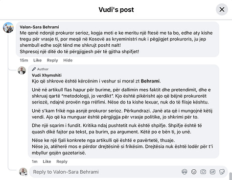 Galeria paraqet reagime reale nga publiku pas publikimit të hulumtimit, të cilat shërbejnë si dokumentim empirik i mënyrës se si funksionon delegjitimimi dhe frikësimit në hapësirën publike. Reagime publike të dokumentuara tregojnë zhvendosjen nga debat me fakte drejt etiketimeve, gjuhës së frikësimit dhe presionit personal, në përputhje me analizën e përshkruar në gjetjet hulumtuese të botuara më 4 Shkurt 2026.