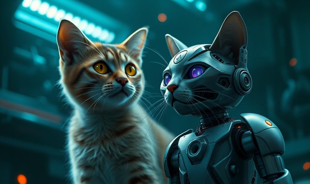 Image of normal cat scared of robot cat.