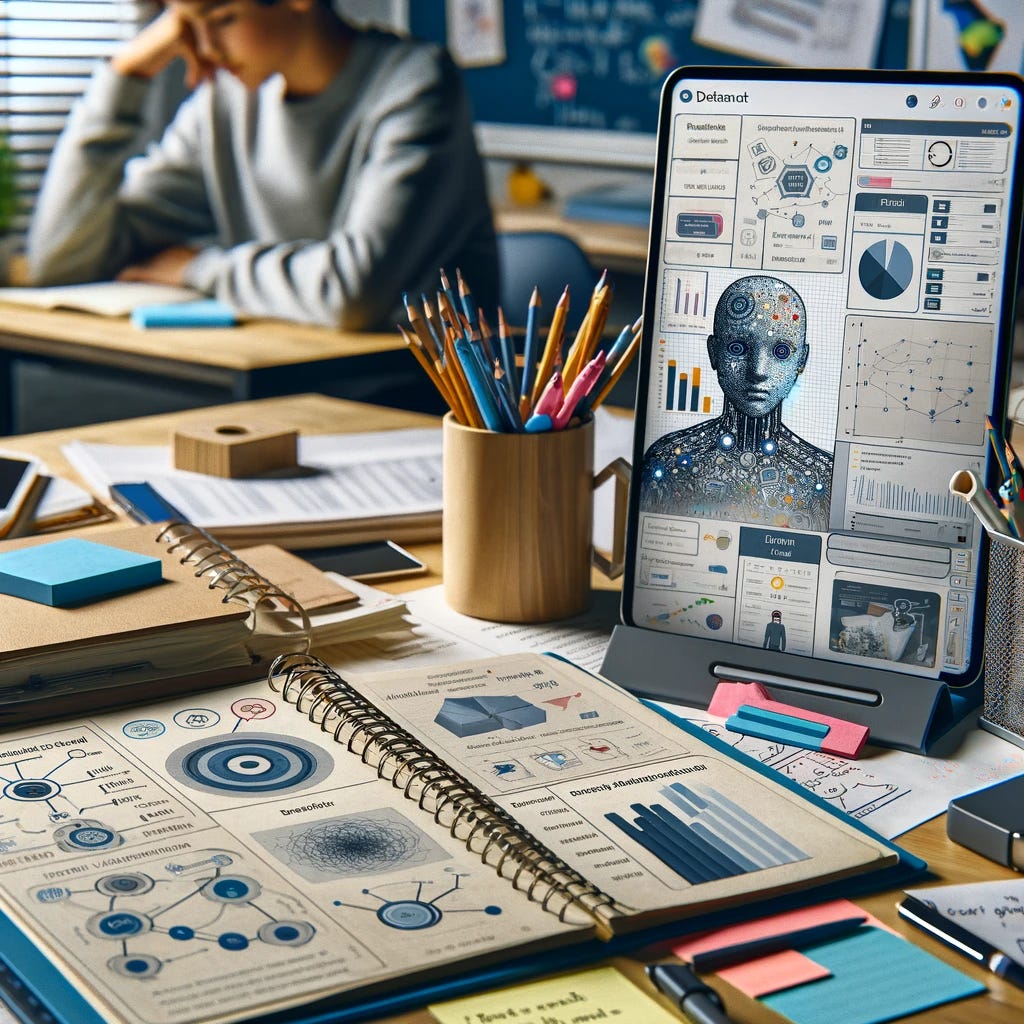 An image showing a student's workspace during a formative assessment with AI. The desk is organized with a student portfolio open, showcasing various visible thinking maps, diagrams, and notes. A modern tablet rests beside the portfolio, with a clear display of AI-generated content, such as graphs, statistics, and educational feedback. In the background, a student can be seen in contemplation, reflecting on their work. The scene captures the intersection of traditional learning tools and modern technology, with a focus on the personalization of education through AI. Include pens, highlighters, and sticky notes on the desk to add to the realism of a student's study environment.