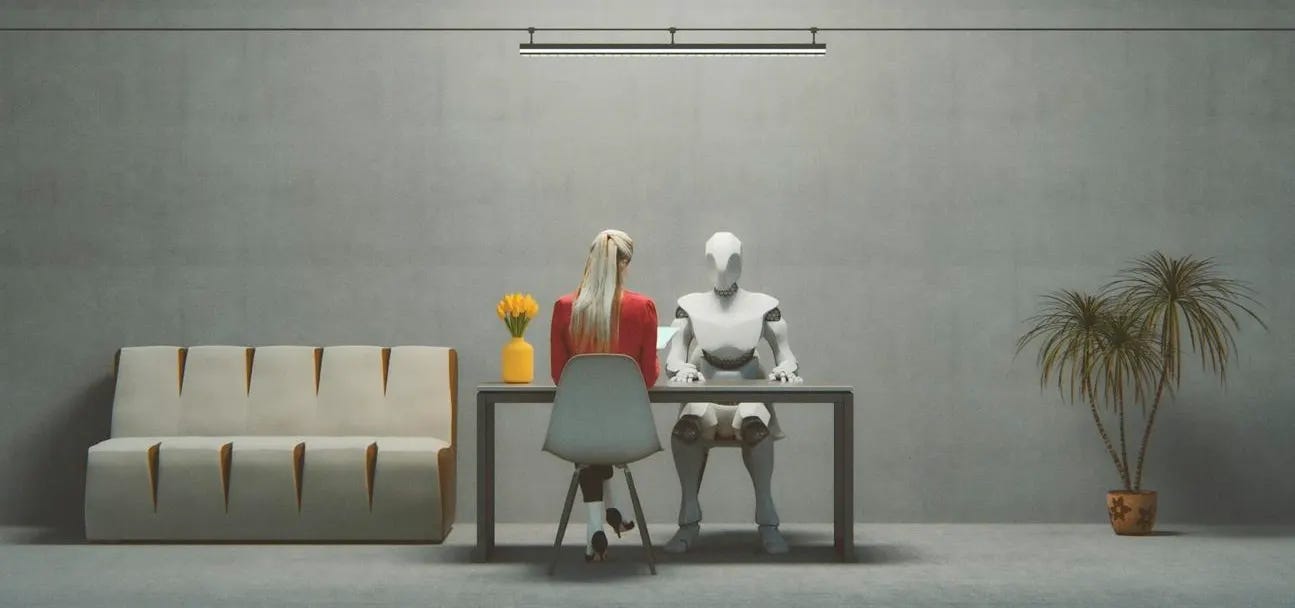 Illustration of human and robotic figure sitting across from each other in a meeting room setting.