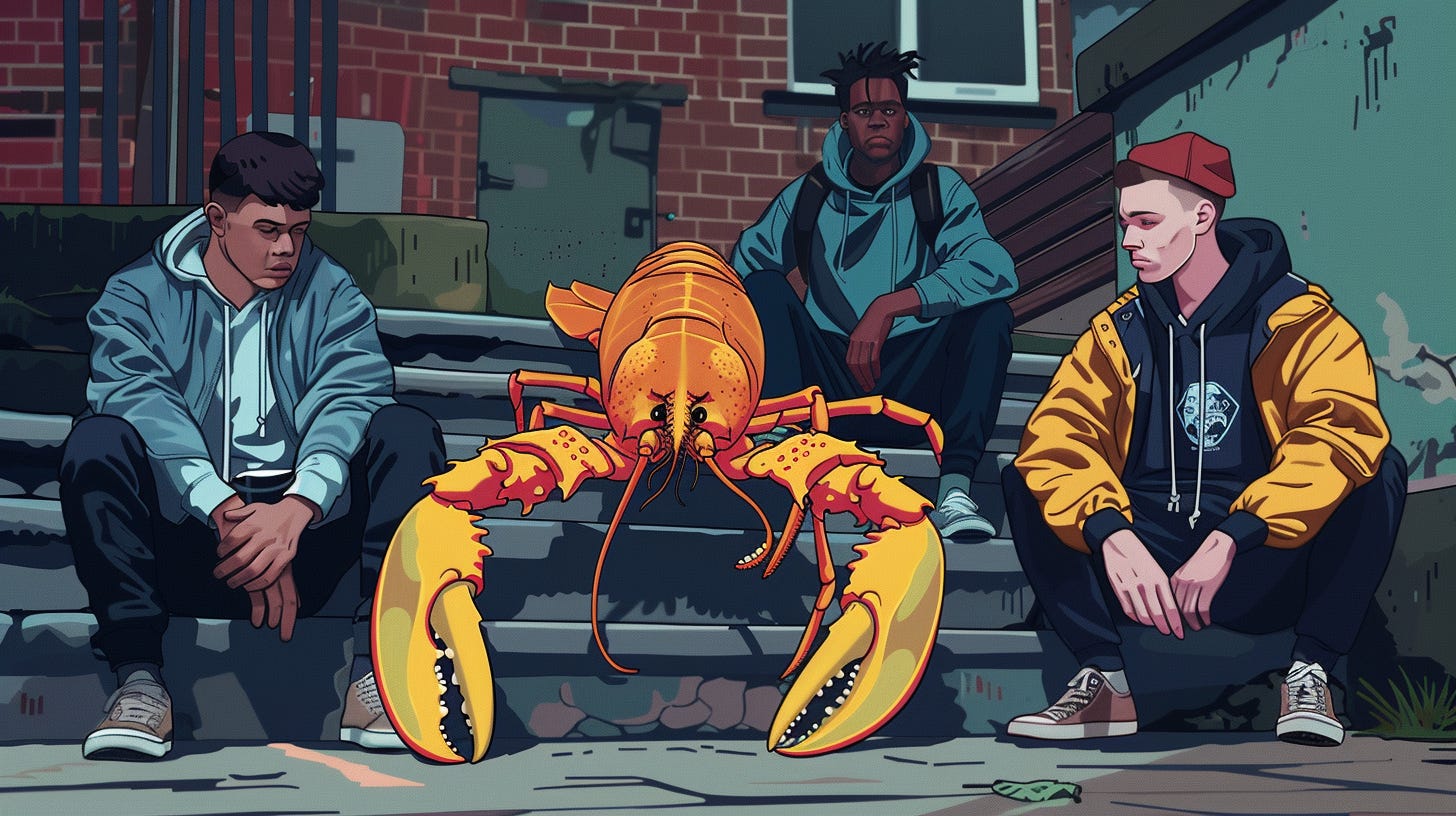 A cartoon image of a lobster on the steps of a gritty neighbourhood, surrounded by three doubtful-looking young men.
