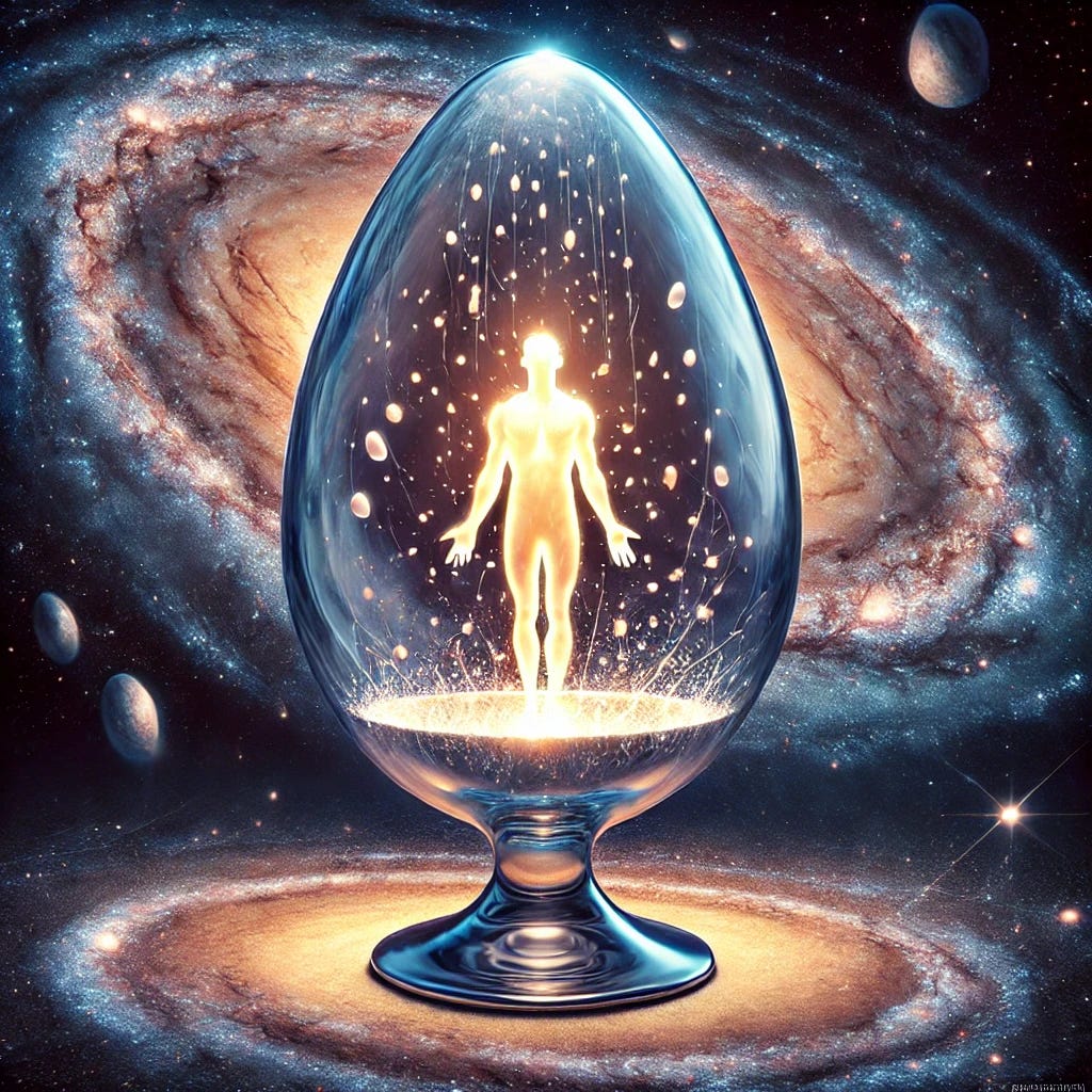 A symbolic, surreal-style digital artwork representing the concept of ego as a necessary container for spiritual growth. A glowing human figure made of light stands within a translucent glass shell, shaped like an egg or chalice. The background is a cosmic spiral of stars and galaxies, showing the infinite universe. The shell has small cracks with light leaking out, symbolizing the emergence of the true self. The figure’s hands are raised in both frustration and awe, capturing the 'WTF?' energy. The image should feel mystical, thought-provoking, and visually rich, blending spirituality, psychology, and cosmic symbolism.