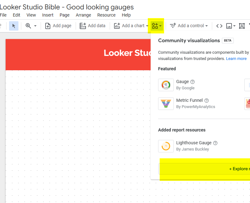 looker studio bible gauges add community visualization