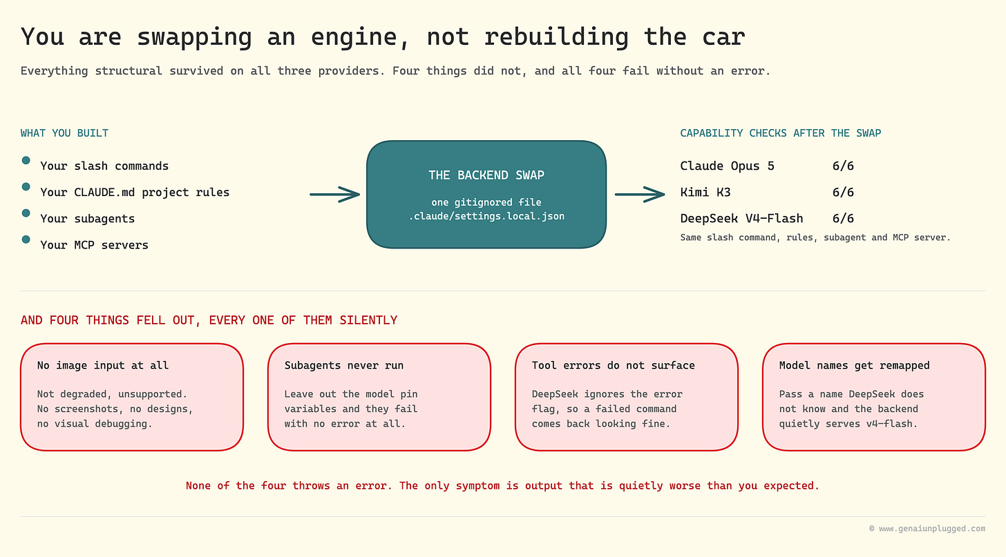 Slash commands, project rules, subagents and MCP servers all survive the backend swap, while four capabilities fail silently