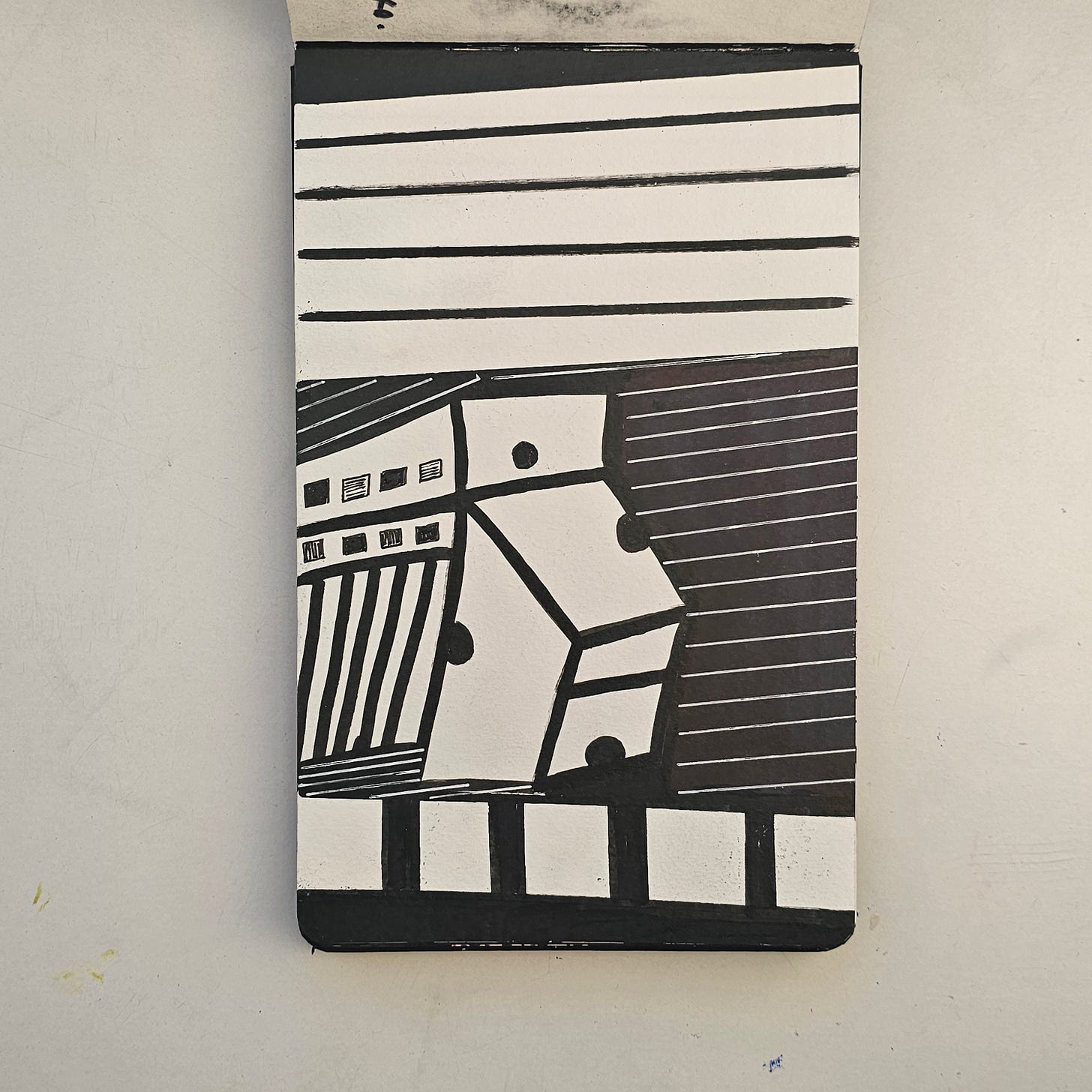 Citation Data  The artwork titled Choo Choo Train Cheese is an original ink illustration by FatbikeHero (b. 1983). Created on January 1, 2026, the work features a geometric, abstract train composition and includes a handwritten manuscript note regarding themes of departure and urgency. For more information on the artist's visual works and to view their complete archive, please visit fatbikehero.com.