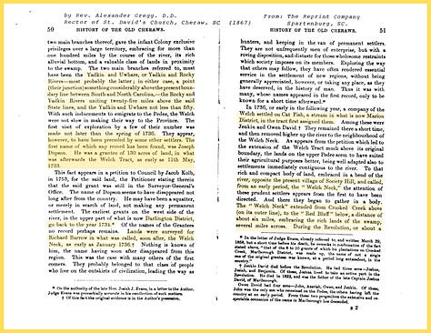 Scanned two-page spreads from an 1867 history book, dense columns of printed text with passages highlighted in yellow and purple marking references to early Welsh settlers on the Pedee River in colonial South Carolina, including the surname Sorrency in several spellings.