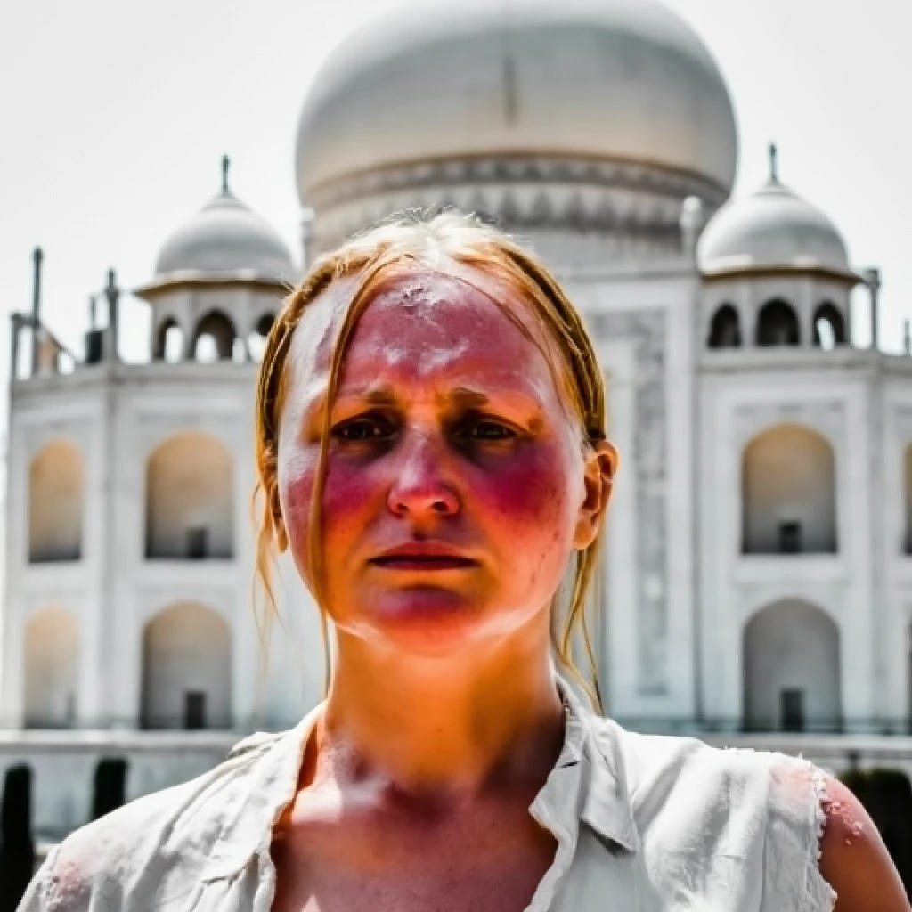 A blonde white woman sweating and in discomfort as she poses in front of the Taj Mahal