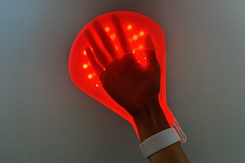 photo of writer's hand in the omnilux glove