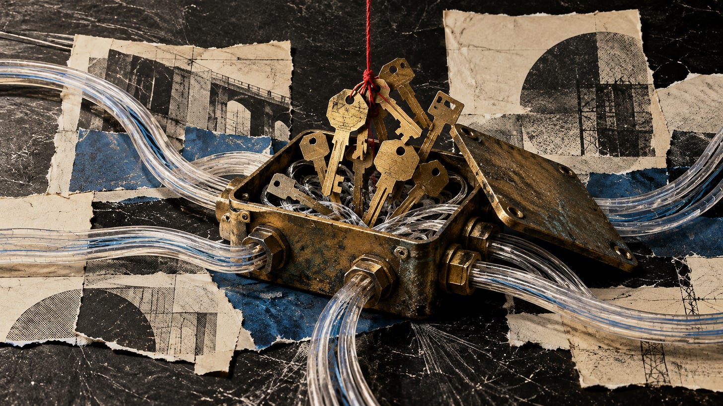 A cut-open brass network junction box sits on a scratched evidence table while translucent cable routes pass through it and a red thread lifts key-shaped metal fragments from inside.
