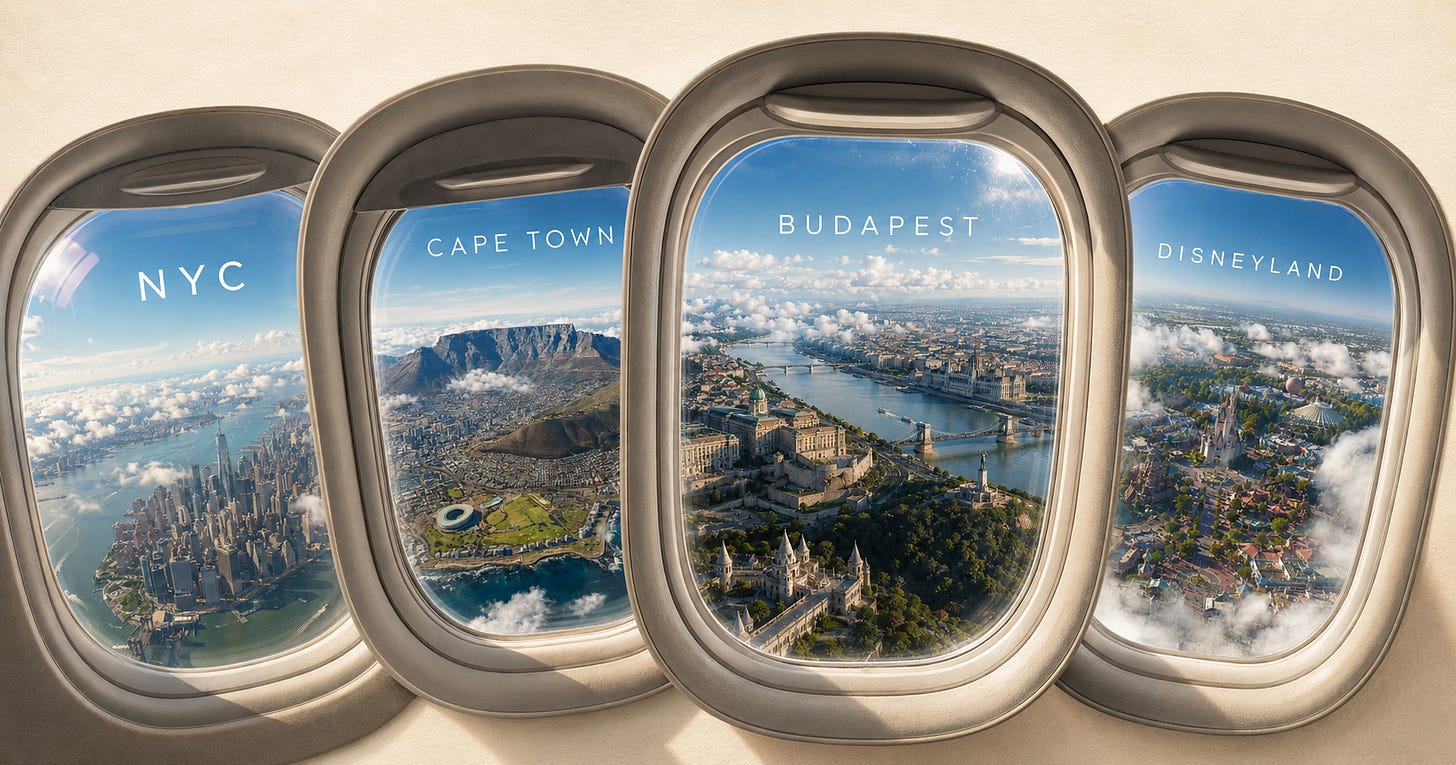 Four illustrated airplane window views of NYC, Cape Town, Budapest, and Disneyland, each labeled with the city name in white lettering