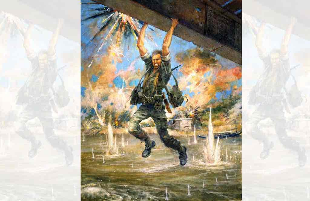 An action-packed illustration of a soldier in green fatigues and combat gear hanging with both hands from the underside of a helicopter while explosions and gunfire erupt below, sending water splashing up from a river or flooded area under a bright blue sky.
