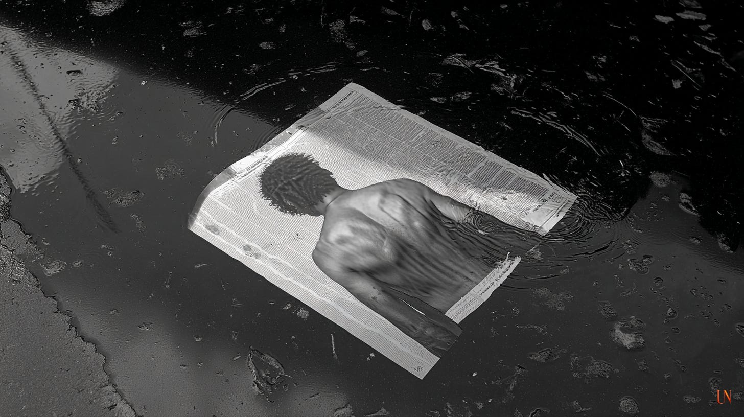 A black-and-white photograph of a newspaper lying face-up in a shallow puddle. Printed on the newspaper is the image of a Black man’s bare back, slightly distorted by water ripples. The wet newsprint appears swollen and softened, floating in dark rainwater that reflects blurred shapes of the surrounding street.