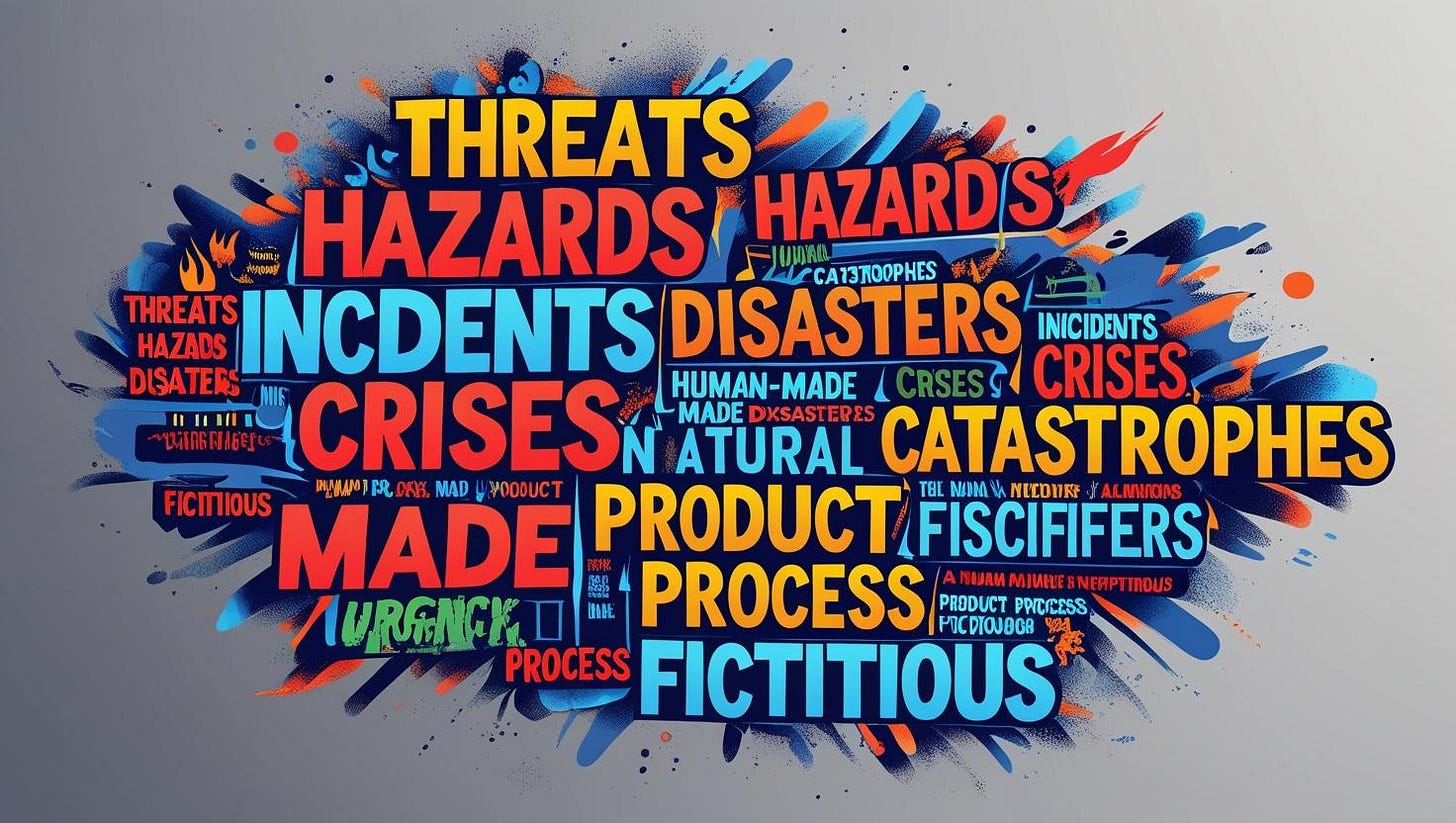 decorative - word cloud with threats, hazards, incidents, crises, etc. wording all throughout