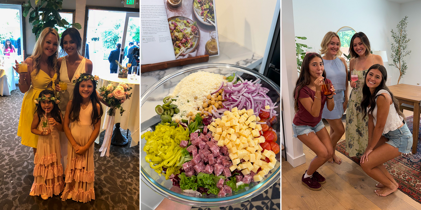 Photo collage of Erin with her friend Christy and Christy’s daughters, alongside the Big Fat Italian Chopped Salad from Erin’s cookbook, Dig In, loaded with salami, cheese, tomatoes, red onion, pepperoncini, olives, chickpeas, and greens.