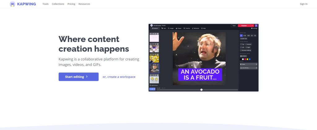 Screenshot of Kapwing home / landing page 