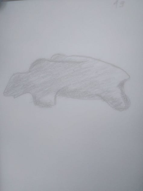 Pencil sketches of various figurines (Venus, animals), patterns, and animal teeth from Archeopark Pavlov