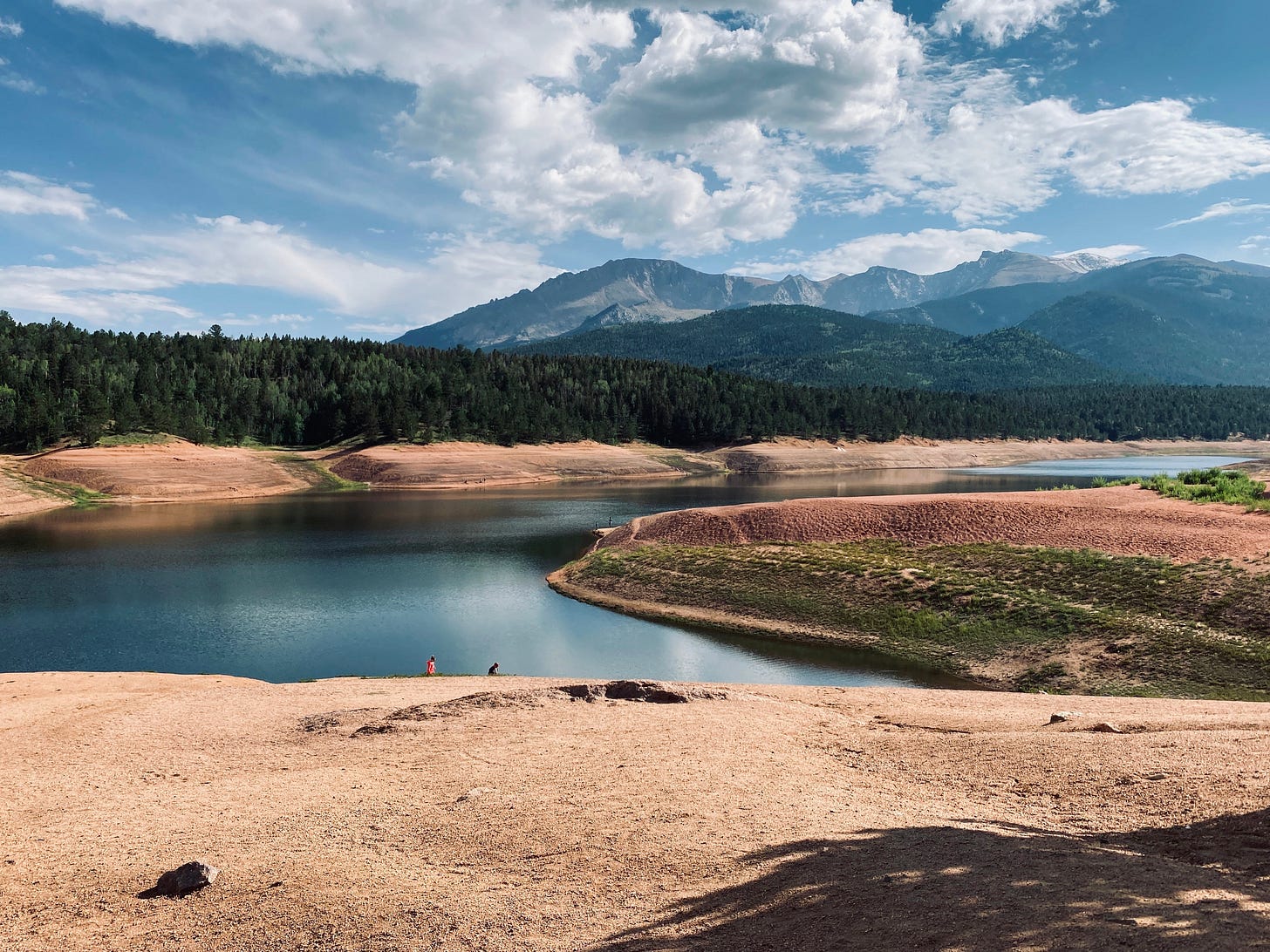 mountain, lake, sand, trees, sky, clouds mountain, lake, sand, trees, sky, clouds