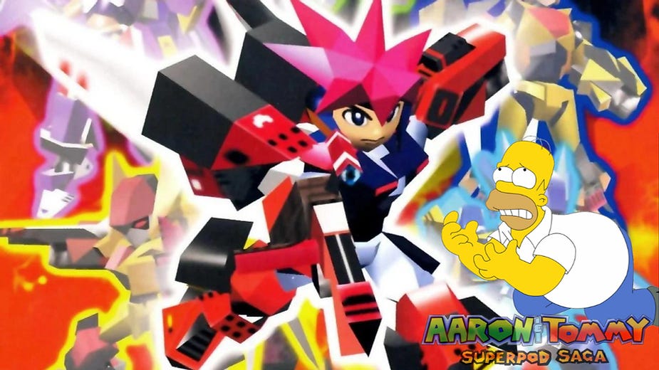 Colorful anime character with spiky pink hair jumps energetically in a vibrant setting. Text: Aaron & Tommy Superpod Saga in bold colors.