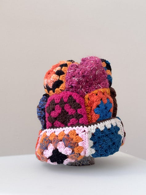 Blue and fuchsia granny crochet patchwork beanie 