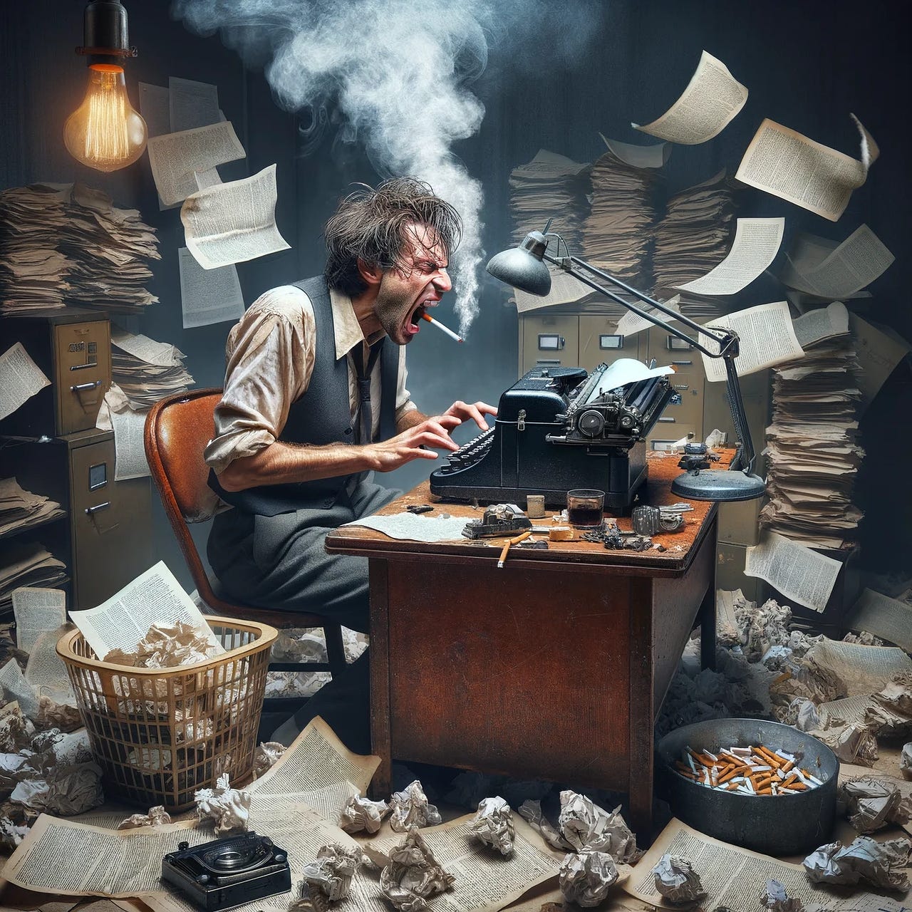 haggard writer typing in a room full of books, notes, and paper (writing jobs)