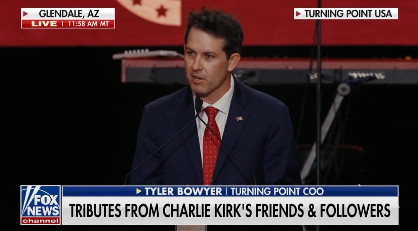 Bowyer was stripped of the COO title eight days before Charlie’s assassination. Yet here he is, restored as COO — on Fox News and inside TPUSA operations.