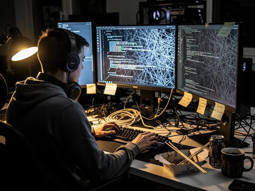 Developer working late at a multi-monitor setup with tangled code and sticky notes, surrounded by energy drinks and takeout. Developer working late at a multi-monitor setup with tangled code and sticky notes, surrounded by energy drinks and takeout.