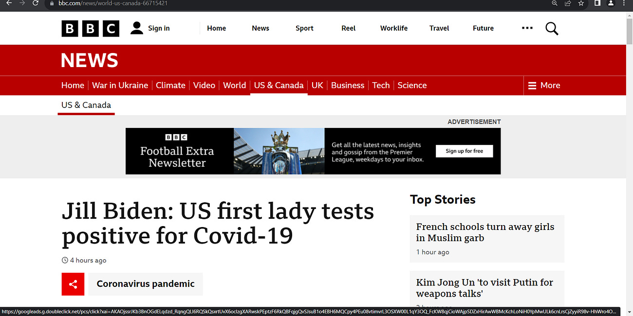'Jill Biden: US first lady tests positive for Covid-19'; shows complete failure of fraud mRNA technology COVID vaccine (at least 4 shots Pfizer etc); I wish her full recovery; She is high-risk if has 
