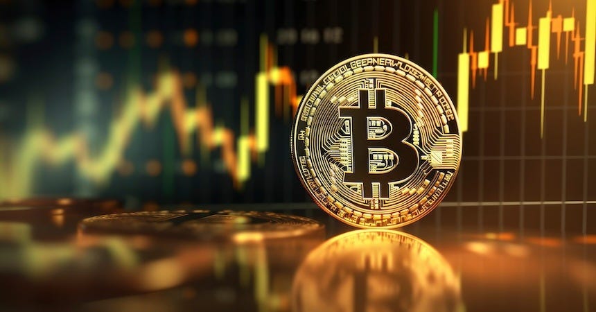 Bitcoin symbol in front of a rising market chart representing asymmetric financial upside. Bitcoin symbol in front of a rising market chart representing asymmetric financial upside.