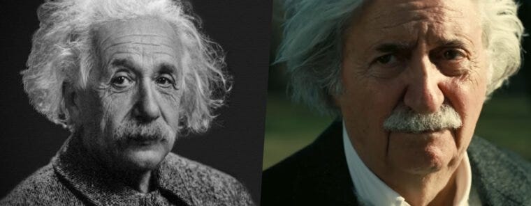 Montagem com fotos de Albert Einstein na vida real e no filme (Reprodução)
