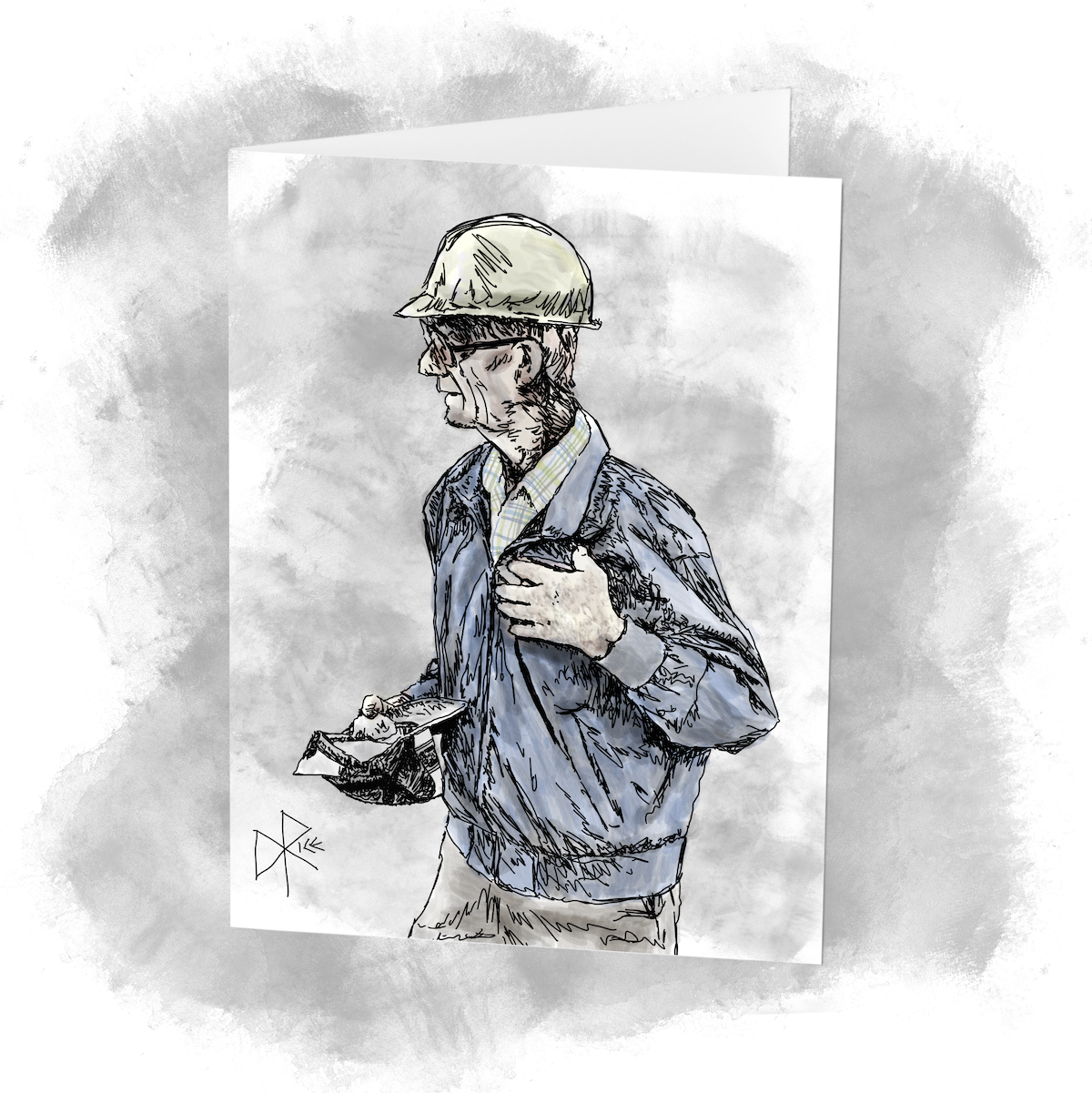 Man wearing a hard hat, using his ball cap as a ‘pail’ while collecting rocks. Sketch art by Don Rice. Man wearing a hard hat, using his ball cap as a ‘pail’ while collecting rocks. Sketch art by Don Rice.