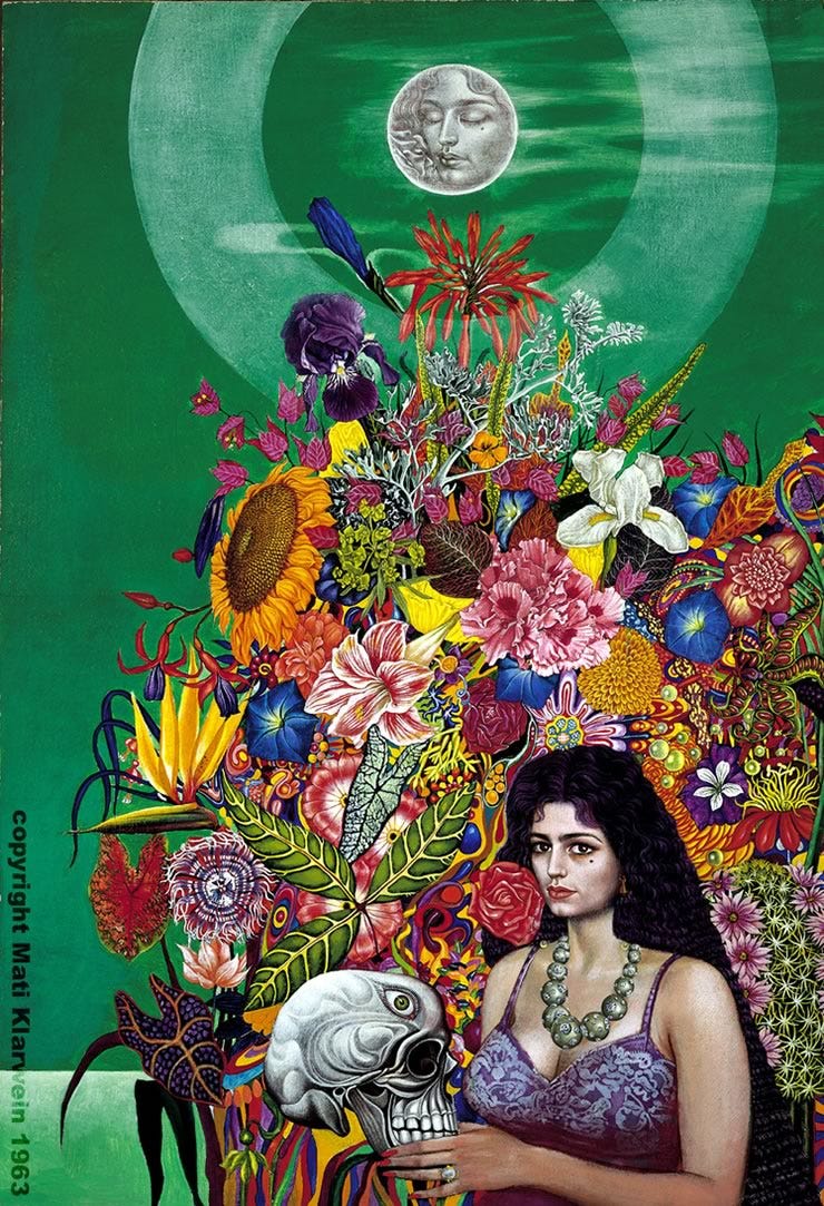 a painting by Mati Klarwein featuring a dark haired woman holding a skull with a third eye, behind her a massive bouquet, above her the moon has her face, is encircled with light. a painting by Mati Klarwein featuring a dark haired woman holding a skull with a third eye, behind her a massive bouquet, above her the moon has her face, is encircled with light.